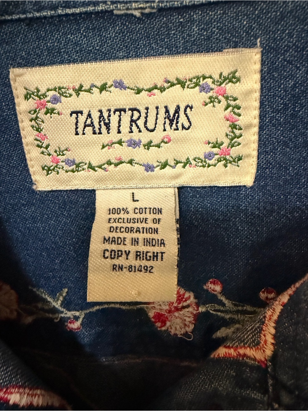 Vintage Tantrums Floral Patchwork Embroidery Denim Cottagecore Jacket Sz L - Picture 11 of 12